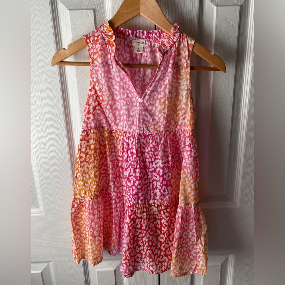crewcuts Orange and Pink Leopard Print Tiered Notch Neck Sleeveless Dress SZ S